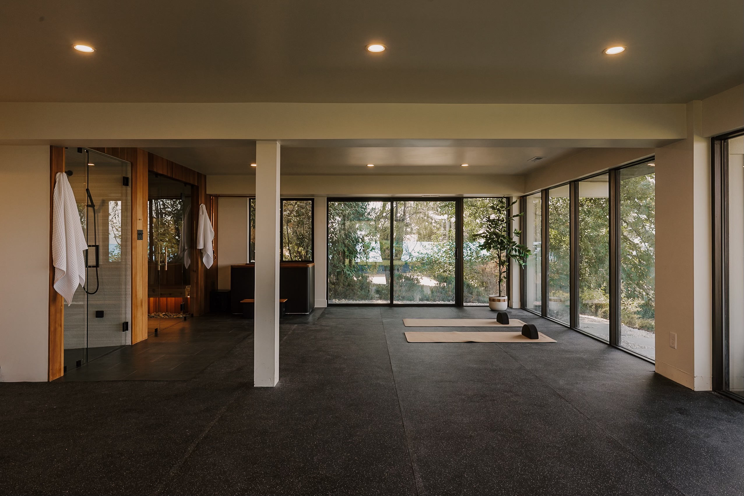 Open home gym with expansive windows and a dedicated wellness suite